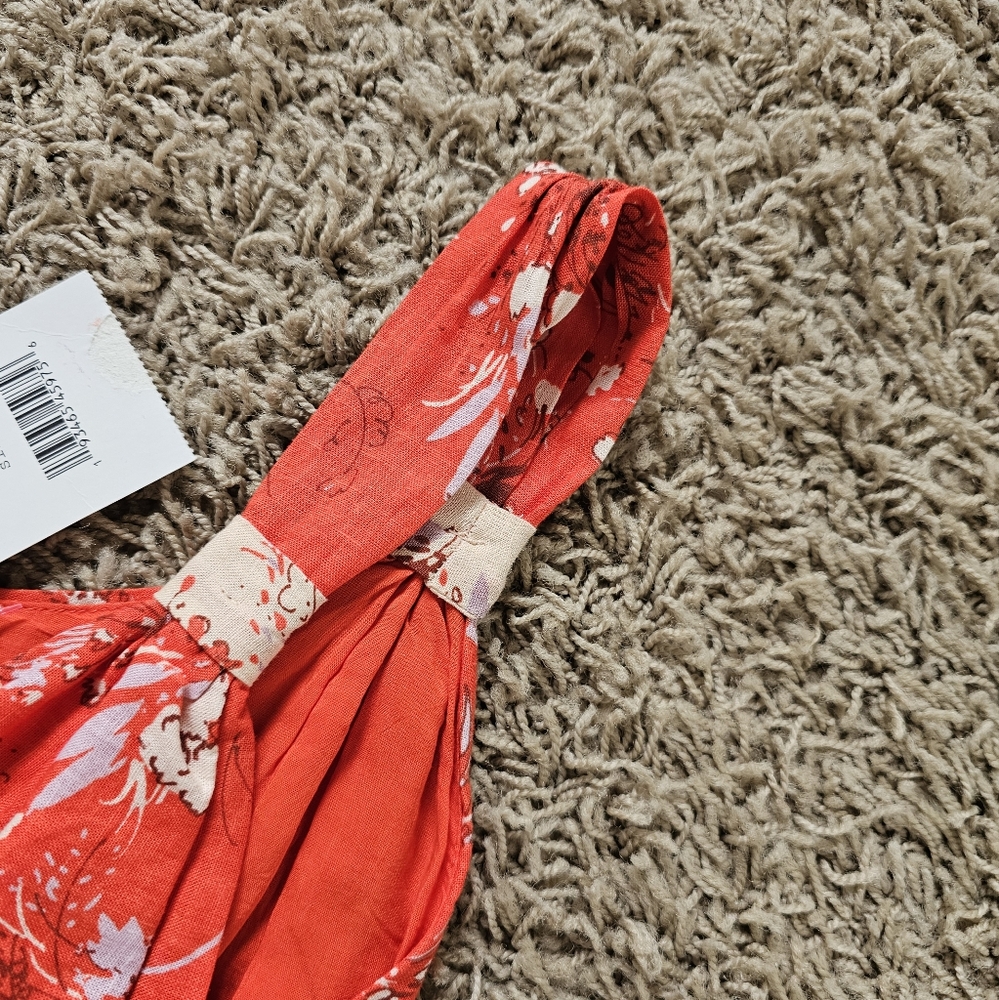 NWT Free People All Mine Mini Dress One Shoulder Floral Linen Blend Cherry Combo - Picture 9 of 10